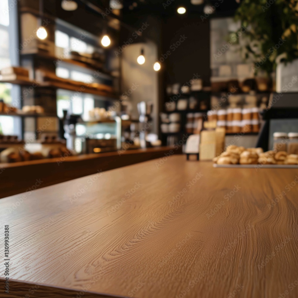 Empty brown wooden table with blurred background in coffee and bakery shop concept Empty brown wooden table with blurred background in coffee and bakery shop concept