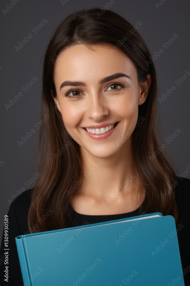 smiling woman holding a blue folder and smiling at the camera smiling woman holding a blue folder and smiling at the camera