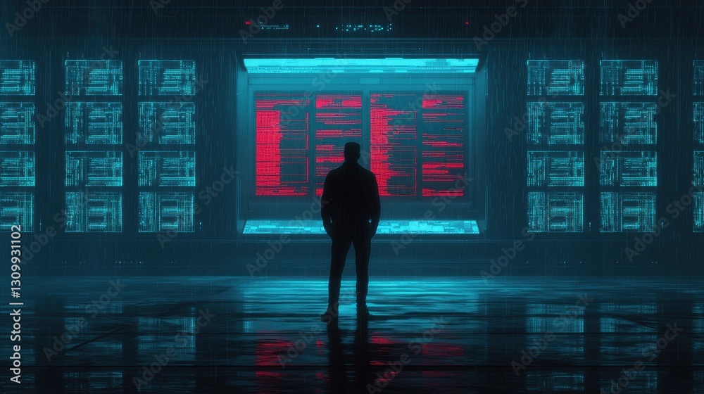 Mysterious Figure Silhouette Against High-Tech Data Display