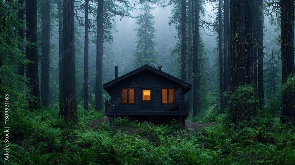 Cozy Cabin in Misty Forest Surrounded by Tall Green Trees Cozy Cabin in Misty Forest Surrounded by Tall Green Trees