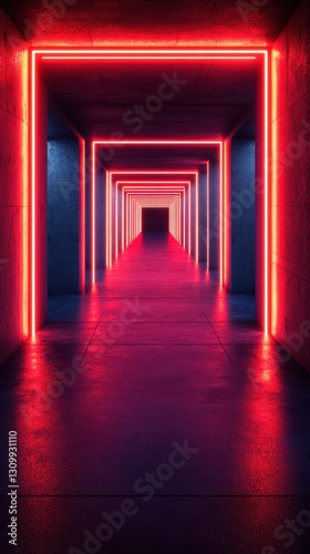 Long illuminated corridor with neon lights in a modern minimalist design at night