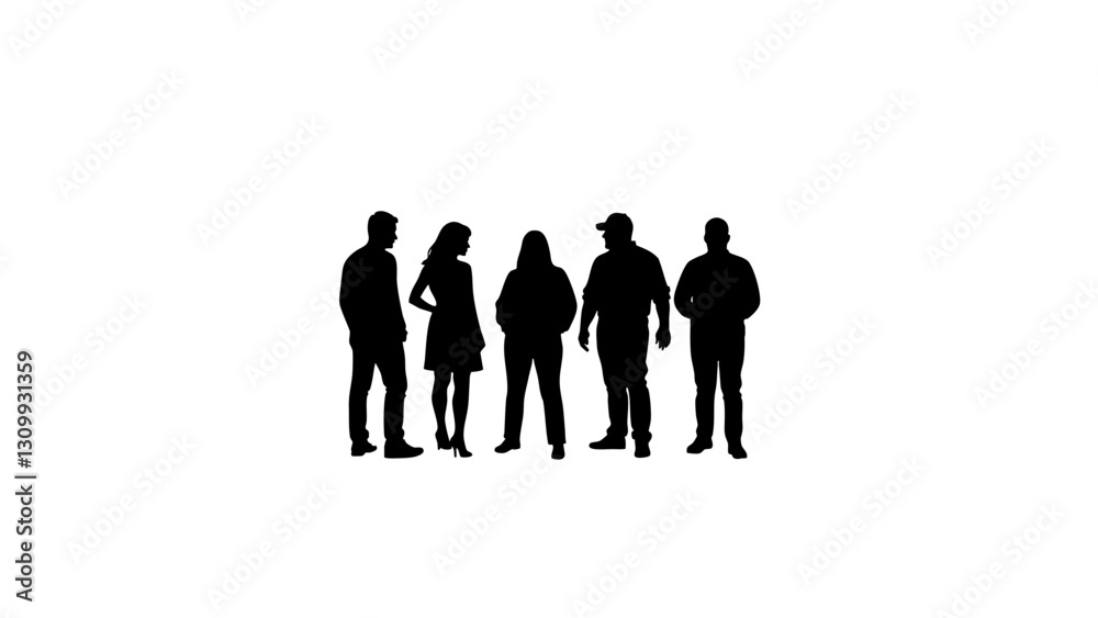 Group of five silhouettes standing against a plain background Group of five silhouettes standing against a plain background