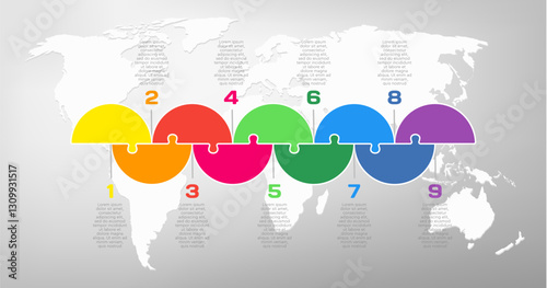 Nine steps line infographic, puzzle diagram