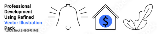 Notification bell, house with dollar sign, and abstract leaf in clean design, emphasizing finance, alerts, home ownership, eco themes, budgeting simplicity and communication. Ideal for flat landing