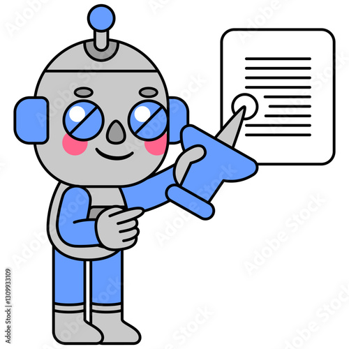 Cute robot pushing pin on a paper