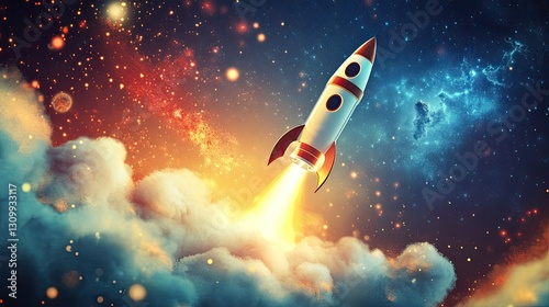 Fototapeta Naklejka Na Ścianę i Meble -  A cartoon illustration of a toy rocket blasting off into space with energetic effects --ar 16:9 --v 6.1 Job ID: 1c4d79ac-6191-4aa2-b944-b311657d431f