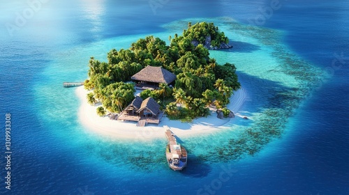 Tropical island paradise with beach house and boat, aerial view