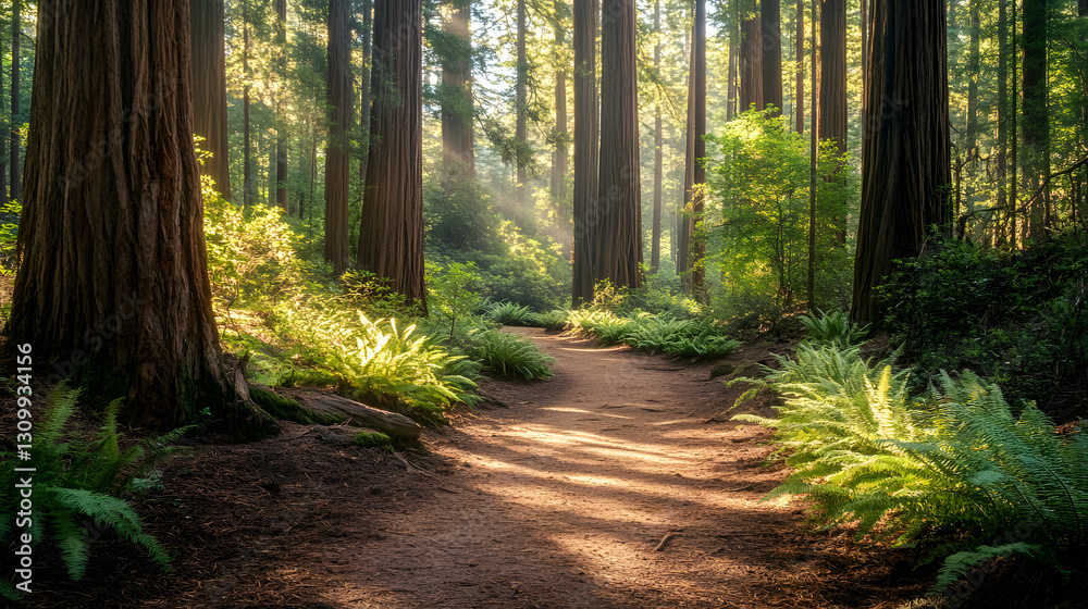 Obraz premium A forest trail leading through ancient redwood trees, with sunlight filtering down 