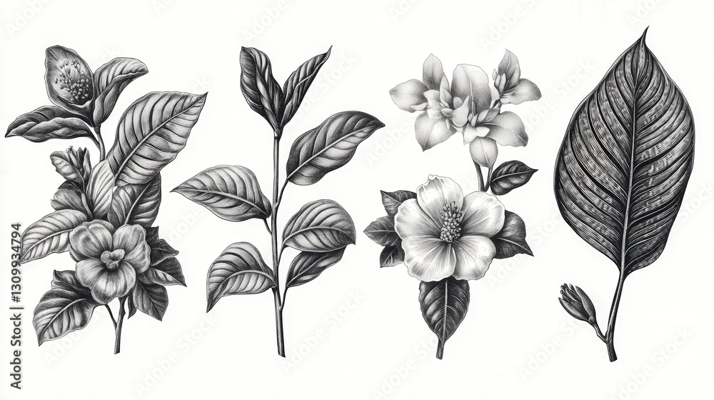 Obraz premium Intimate black-and-white floral art showcasing intricately shaded blooms and leaves, rendered in lifelike detail. A captivating close-up that highlights nature's elegance and complexity