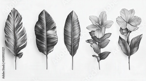 Symmetrically arranged quintet of uniquely shaped black-and-white leaves, each distinct in texture, elegantly facing left