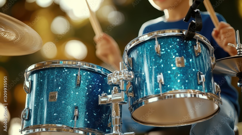 Fototapeta premium Young Musician Playing Drums. Energetic Beats with Drumsticks and Sparkling Instruments