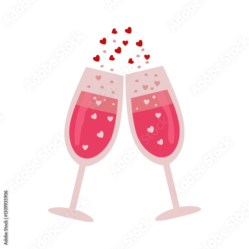 Two glasses of champagne with hearts. Love sparkle with pink fizzy drink wineglasses.  Flat style decor elements for the menu and restaurant, wedding. Vector illustration on transparent background