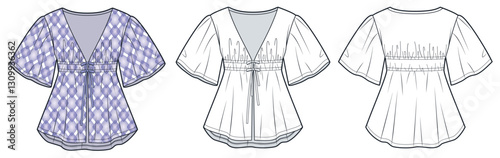 Puff Sleeve Blouse with Ties technical fashion Illustration. Tunic Blouse fashion flat technical drawing template, draped, v neck, loose fit, front and back view, white, lilac, women CAD mockup set.