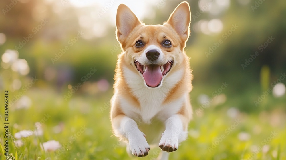 Happy Corgi Dog Running in Green Field Happy Corgi Dog Running in Green Field