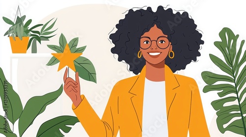 A smiling woman with curly hair holds a plant, surrounded by greenery in a bright setting.