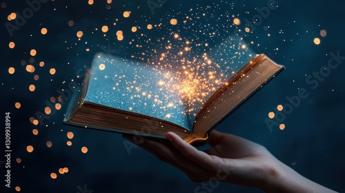 A hand holding an open book with magical sparkles emanating from its pages.