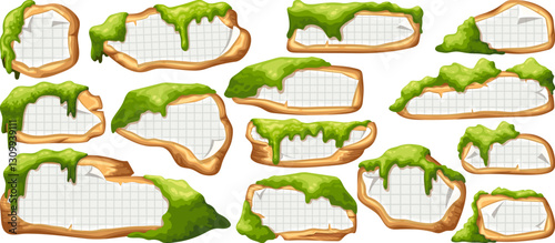 Cartoon game panels with swamp moss, forest lichen. Vector signboards with ragged square graph paper, school math sheet. Set isolated wooden gui elements for covers, notebooks, mobile games.
