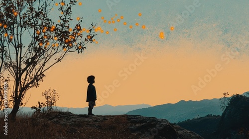 A child stands peacefully on a hilltop, overlooking a serene landscape at sunset.
