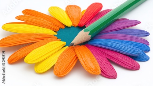 Colorful flower made of vibrant petals with a green colored pencil in the center.