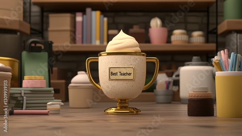 Trophy-shaped cup with creamy topping, set against a stylish shelf of containers and books.