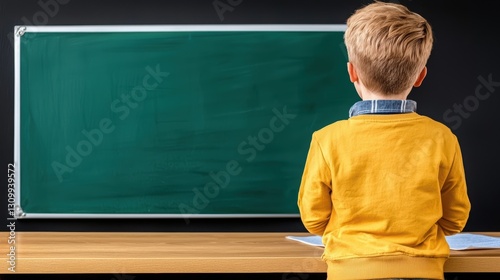 A child in a yellow sweater stands before a chalkboard in a classroom setting.