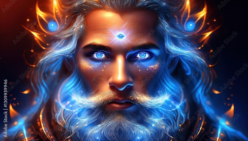A powerful figure radiates energy with glowing eyes and ethereal hair in a magical landscape. A powerful figure radiates energy with glowing eyes and ethereal hair in a magical landscape.