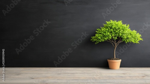 Potted green tree against a dark wall in a minimalist setting.