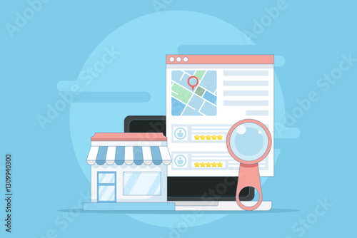 Business Ranking Concept, Customers share business ratings and reviews on search engine result pages, Business reputation on the internet. SEO business listing, SEO Reviews.