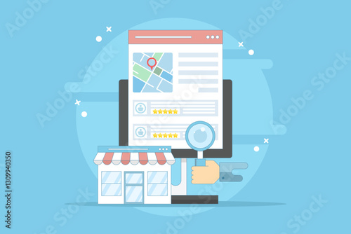 Business Ranking Concept, Customers share business ratings and reviews on search engine result pages, Business reputation on the internet. SEO business listing, SEO Reviews.