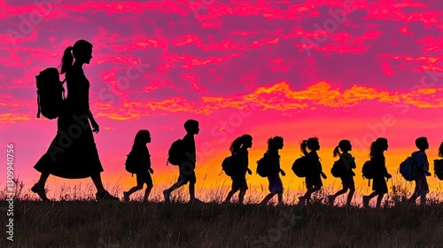 Silhouette of a woman and children walking against a vibrant sunset backdrop.