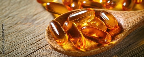 Fish Oil Capsules with Omega 3 and Vitamin D - Brown Bottle & Wooden Spoon for Serving