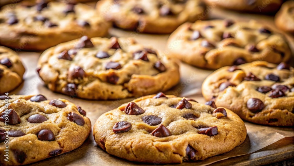 A close-up of freshly baked chocolate chip cookies, glistening with melted chocolate chips, displayed on parchment paper A close-up of freshly baked chocolate chip cookies, glistening with melted chocolate chips, displayed on parchment paper
