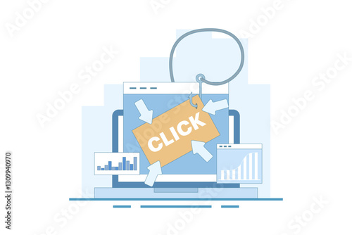 Clickbait concept, Increasing website traffic through clickbait strategy, Clicking on links, Digital advertising tactics, clickbait to Increase click-through rate. Flat vector illustration.