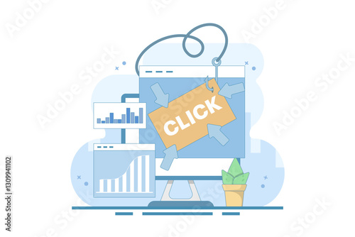 Clickbait concept, Increasing website traffic through clickbait strategy, Clicking on links, Digital advertising tactics, clickbait to Increase click-through rate. Flat vector illustration.