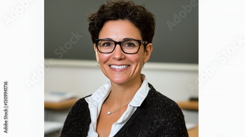 Smiling woman with glasses and curly hair in a professional setting.