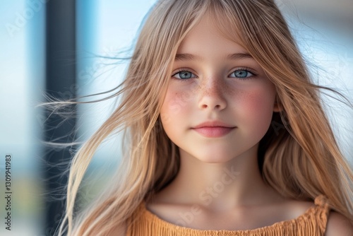 Portrait of young girl with long blonde hair, blue eyes, and freckles looking at camera in natural light photo