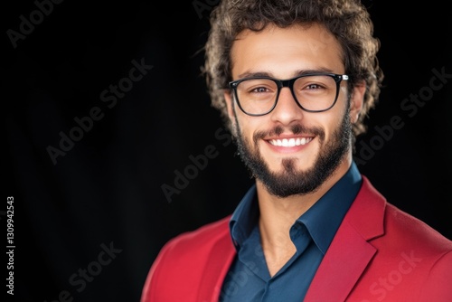 Smiling young adult man with curly hair, beard, and glasses wearing red blazer over dark shirt against black background