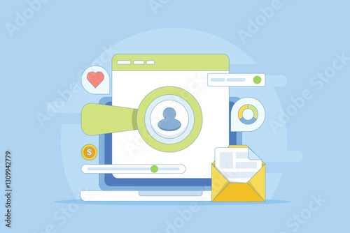 Digital Ad Targeting Concept, Ad campaigns targeting a specific audience, Audience demographics in ad campaigns, Social media targeting, Flat vector illustration on background.