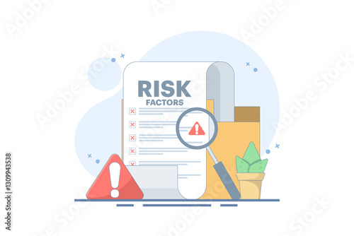 Risk Factor Analysis Concept Design, Document with Magnifying Glass and Warning Sign. Document shows business risks. Risk management, business mistakes, strategy and planning. Vector Illustration.
