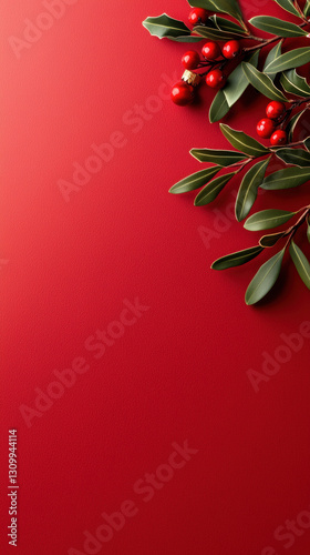 Vibrant branch of holly with bright red berries highlighted for holiday marketing campaigns in realistic photography