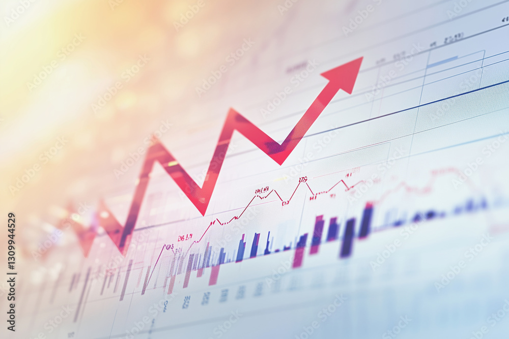 graph with a red arrow pointing upwards. The graph is filled with numbers and lines, and the red arrow is the only thing that stands out. Concept of progress and growth graph with a red arrow pointing upwards. The graph is filled with numbers and lines, and the red arrow is the only thing that stands out. Concept of progress and growth
