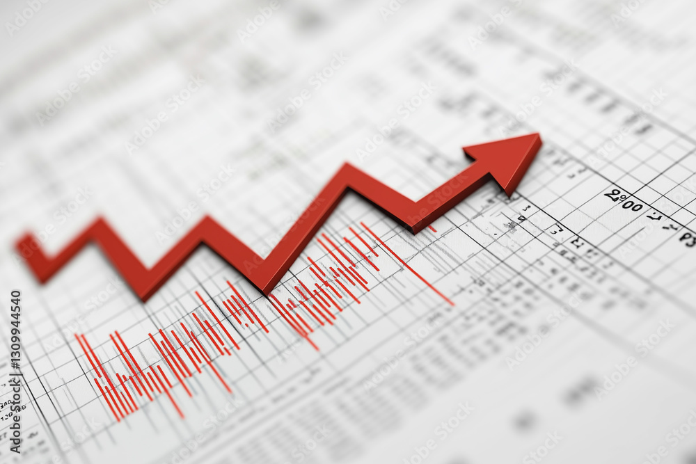 red arrow is drawn on a white graph, indicating a rising trend. The graph is filled with numbers and lines, suggesting that it is a financial chart or graph red arrow is drawn on a white graph, indicating a rising trend. The graph is filled with numbers and lines, suggesting that it is a financial chart or graph