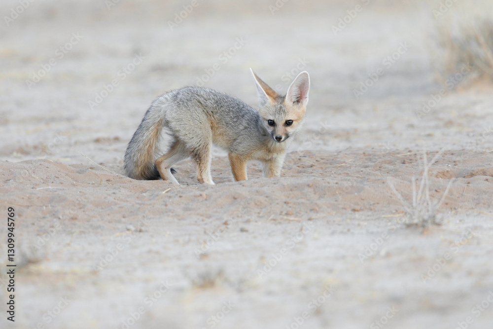 Fototapeta premium Cape fox feeling safe at its den in the dry Kalahari Desert sand