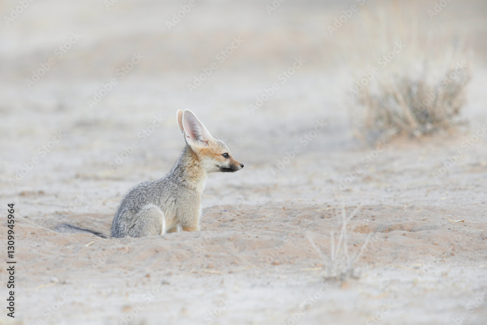 Fototapeta premium Young Cape fox sitting on the arid Kalahari sand while resting between play