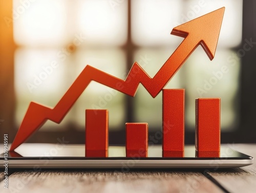 Graph showing rising sales on a tablet, on a sleek desk with a modern office backdrop, reflecting datadriven success in business photo