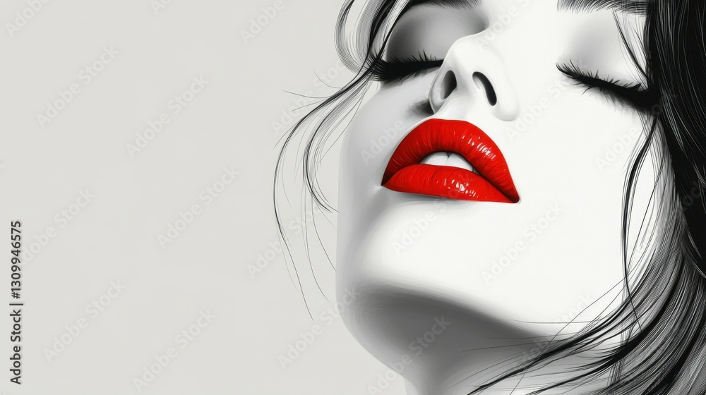 Fototapeta premium Minimalist Black and White Portrait of a Woman with Bold Red Lips and Closed Eyes