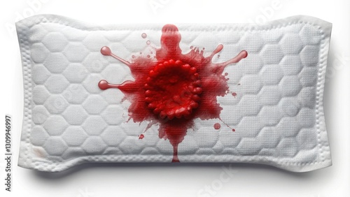 A single red splatter on a white, quilted surface, symbolizing the absorption and protection of a hygienic product.
