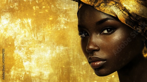 Portrait of a dark-skinned girl on a gold background with a side.