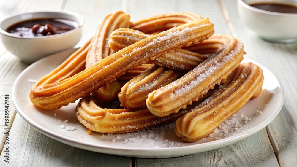 A plate of freshly fried churros, dusted with powdered sugar, ready to be dipped in a sweet, chocolate sauce. A plate of freshly fried churros, dusted with powdered sugar, ready to be dipped in a sweet, chocolate sauce.