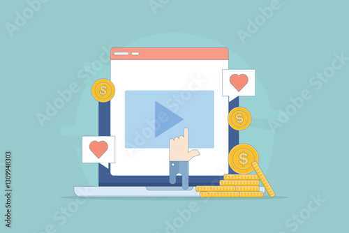 Video Content Marketing Concept, Make money from content creation, Social media video content creators make money online. video influencer. flat vector illustration on background.